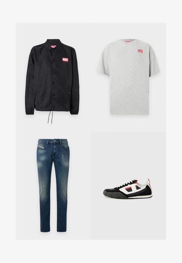 Sort jakke lavet af glat, let materiale, med knaplukning fortil, elastiske manchetter, sidelommer og et rødt Diesel-logo patch.; Grå bomuld t-shirt med rund hals og korte ærmer. Har et lille rødt "DIESEL" logo på brystet. Glat tekstur.; Mørkeblå denimjeans med en falmet vask, lige ben og et let slid på knæet. Har forlommer og lukning med metalknap.; Diesel S PAGODHA LOW - Sneakers - black