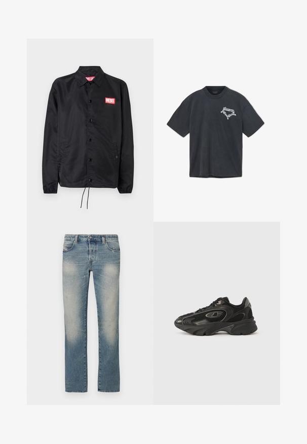 Schwarze Jacke aus glattem, leichtem Material mit Knopfriegel, elastischen Bündchen, seitlichen Taschen und einem roten Diesel-Logo-Patch.; Dunkelgraues Baumwoll-T-Shirt mit kurzen Ärmeln, Rundhalsausschnitt und weißem Textdesign, das ein dekoratives Kettenmuster auf der Vorderseite zeigt.; Hellblaue Jeans aus Denim mit geradem Bein, ausgewaschenen Bereichen, fünf Taschen und Knopfverschluss. Das Material zeigt leichte Abnutzungs- und Verschleißspuren.; Schwarze Sportsneaker mit Obermaterial aus Mesh und Synthetik, gebogener Sohle, gepolstertem Kragen und dezenten Logodetails. Strukturierte Details auf den Seitenpanelen.