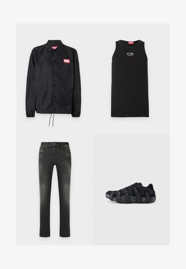 Chaqueta negra hecha de un material suave y ligero, con cierre de botones en el frente, puños elásticos, bolsillos laterales y un parche con el logo rojo de Diesel.; Camiseta sin mangas negra hecha de algodón. Presenta un escote redondo y un pequeño logo blanco de Diesel en el pecho. Textura suave.; Vaqueros gris oscuro con un corte estándar, diseño de cinco bolsillos, ligero desgaste y un acabado texturizado sutil. Cierre con botón metálico en la cintura.; Zapatilla negra con suela acanalada exagerada, diseño con cordones y parte superior de mezcla de textil y ante, vista desde el lado exterior sobre un fondo blanco.