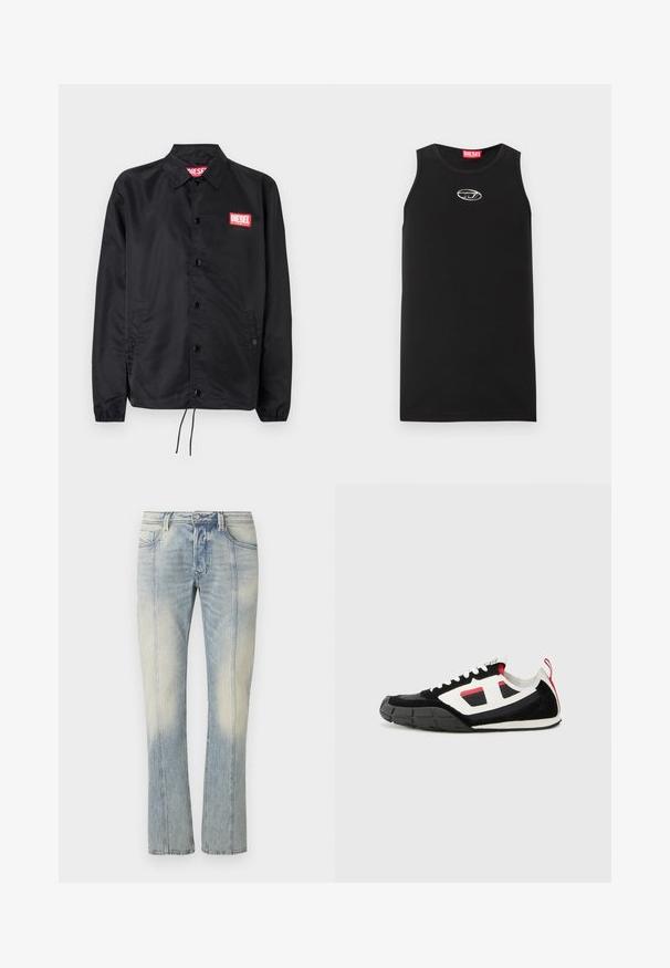 Chaqueta negra hecha de un material suave y ligero, con cierre de botones en el frente, puños elásticos, bolsillos laterales y un parche con el logo rojo de Diesel.; Camiseta sin mangas negra hecha de algodón. Presenta un escote redondo y un pequeño logo blanco de Diesel en el pecho. Textura suave.; Jeans de mezclilla azul claro con diseño de pierna recta, con costuras dobles, bolsillos frontales y acabado desteñido. Sin marcas visibles.; Diesel S PAGODHA LOW - Zapatillas - black