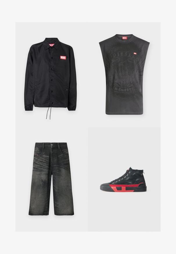 Zwarte jack van soepel, lichtgewicht materiaal, met een knoopsluiting, elastische manchetten, zijzakken en een rood Diesel logo patch.; Mouwloos zwart Diesel T-shirt met subtiele adelaarafbeelding en klein rood Diesel logo op de borst.; Zwarte wijd uitlopende denim shorts met knopen aan de voorkant, ritssluiting, riemlussen en vervaagde textuurdetails.; Zwarte hoge sneakers met rode accenten en een versleten afwerking. Heeft een gestructureerde canvas bovenkant en een rubberen zool met uitsnijdingen.