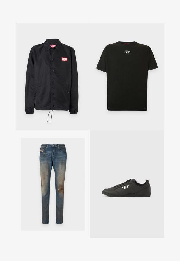 Chaqueta negra hecha de un material suave y ligero, con cierre de botones en el frente, puños elásticos, bolsillos laterales y un parche con el logo rojo de Diesel.; Camiseta de algodón negra con mangas cortas, cuello redondo y un pequeño logotipo metálico en el pecho. Textura suave y corte recto.; Pantalones vaqueros de mezclilla azul con un corte slim, desvanecido ligero, parches desgastados y un diseño clásico de cinco bolsillos que incluye una pequeña etiqueta con el logo.; Zapatillas deportivas negras sintéticas con suela negra texturizada, puntera redonda y cordones planos negros. Destaca un logo blanco en el lateral exterior.