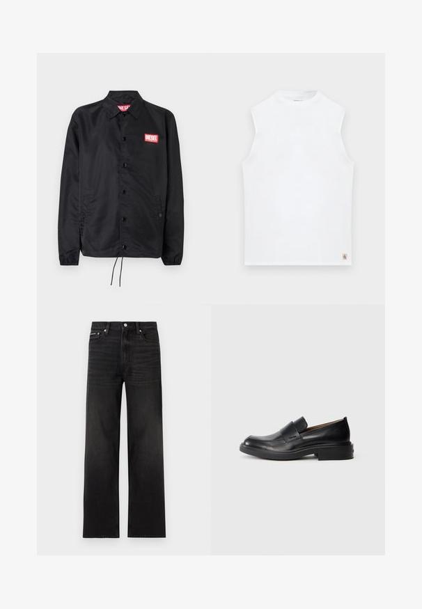 Sort jakke lavet af glat, let materiale, med knaplukning fortil, elastiske manchetter, sidelommer og et rødt Diesel-logo patch.; Hvid ærmeløs t-shirt med rund hals og lille Calvin Klein-logo på nederste højre kant.; Sorte jeans med lige ben, fem-lomme design, bæltestropper og knaplukning, vist på en hvid baggrund.; Sorte læder slip-on dress sko med lav hæl og subtil Calvin Klein logo på siden, vist i profil på en hvid baggrund.