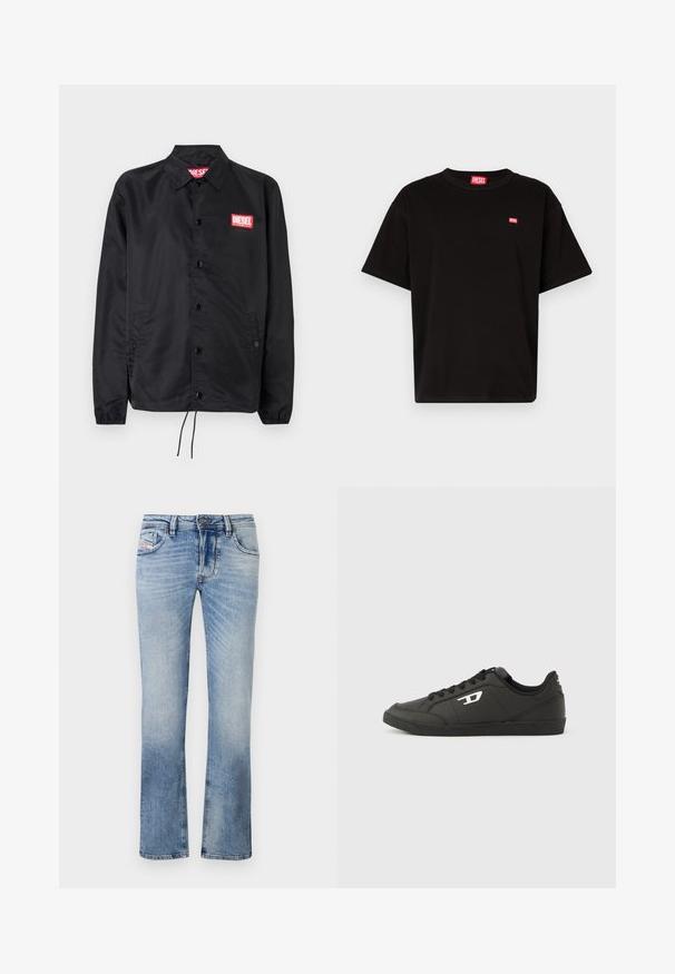 Sort jakke lavet af glat, let materiale, med knaplukning fortil, elastiske manchetter, sidelommer og et rødt Diesel-logo patch.; Sort bomulds T-shirt med rund halsudskæring, korte ærmer og et lille rødt Diesel-logo på brystet. Lige nederste kant, minimalistisk design.; Lyseblå denim jeans med lige ben-design, der har frontlommer, lynlås og subtile falmninger i stoffet.; Sorte syntetiske sneakers med en struktureret sort sål, rund tå og flade sorte snørebånd. Fremtrædende hvidt logo på ydersiden.