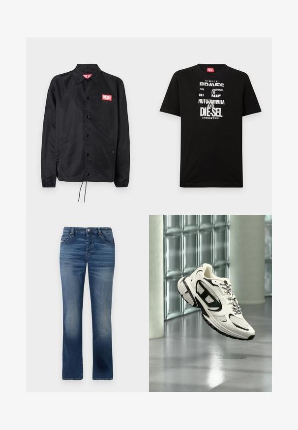Sort jakke lavet af glat, let materiale, med knaplukning fortil, elastiske manchetter, sidelommer og et rødt Diesel-logo patch.; Sort bomulds-T-shirt med fed hvide tekstgrafik, herunder "DIESEL" og "INDUSTRY", med rund halsudskæring og korte ærmer.; Mørkeblå denimbukser med lige ben-design, der har frontlommer, diskret falming og en klassisk knaplukning i taljen.; Hvid og sort atletisk sneaker med mesh-detaljer og mønstrede snørebånd, svævende i luften i et moderne indendørs rum med glasblokke.