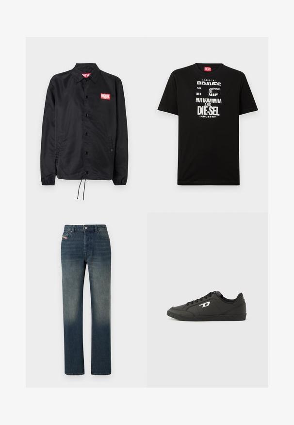 Schwarze Jacke aus glattem, leichtem Material mit Knopfriegel, elastischen Bündchen, seitlichen Taschen und einem roten Diesel-Logo-Patch.; Schwarzes Baumwoll-T-Shirt mit kräftigen weißen Textgrafiken, darunter "DIESEL" und "INDUSTRY", mit rundem Halsausschnitt und kurzen Ärmeln.; Blaue Jeans mit geradem Bein, verwaschenem Look, Vorderseite mit Knopf- und Reißverschluss sowie Fünf-Taschen-Design.; Schwarze Sneakers aus synthetischem Material mit einer strukturierten schwarzen Sohle, rundem Zehenbereich und flachen schwarzen Schnürsenkeln. Auffälliges weißes Logo auf der Außenseite.
