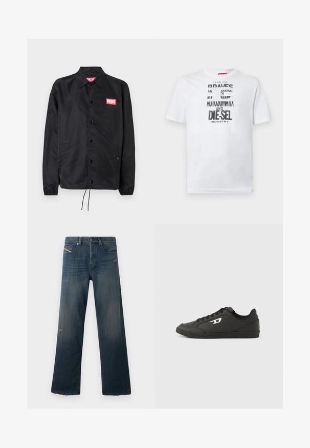 Chaqueta negra hecha de un material suave y ligero, con cierre de botones en el frente, puños elásticos, bolsillos laterales y un parche con el logo rojo de Diesel.; Camiseta blanca de algodón con tipografía negra audaz que muestra las palabras "BRAVES" y "DIE-SEL INDUSTRY" y un diseño de recorte semitransparente.; Jeans de mezclilla azul con un diseño de pierna recta, textura desgastada, dobladillo deshilachado y detalles desgastados en el bolsillo frontal y área del muslo.; Zapatillas deportivas negras sintéticas con suela negra texturizada, puntera redonda y cordones planos negros. Destaca un logo blanco en el lateral exterior.