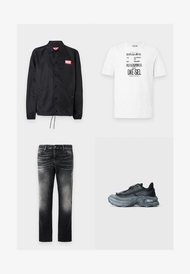 Sort jakke lavet af glat, let materiale, med knaplukning fortil, elastiske manchetter, sidelommer og et rødt Diesel-logo patch.; Hvid kortærmet Diesel T-shirt med sort og hvidt grafisk tekst og logo foran, rund halsudskæring og rød logomærke på sidesømmen.; Sorte jeans med en falmet finish og slidte detaljer, standard fem-pockets design og lynlås. Lavet af denim stof.; Sort og grå Diesel sneakers med tyk sål, snørrebåndslukning og tekstureret design på en ensfarvet lysegrå baggrund.