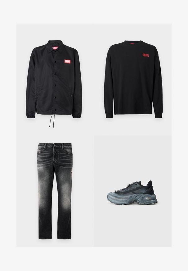 Schwarze Jacke aus glattem, leichtem Material mit Knopfriegel, elastischen Bündchen, seitlichen Taschen und einem roten Diesel-Logo-Patch.; Schwarzes langärmliges T-Shirt aus Baumwolle mit Rundhalsausschnitt. Verfügt über ein kleines rotes "DIESEL"-Logo auf der linken Brust. Reguläre Passform.; Schwarze Jeans mit einem verblassten Finish und verwaschenen Akzenten, klassisches Fünf-Taschen-Design und Reißverschluss. Hergestellt aus Denim-Stoff.; Schwarz- und graue Diesel-Sneaker mit dicker Sohle, Schnürverschluss und strukturiertem Design auf einem schlichten hellgrauen Hintergrund.