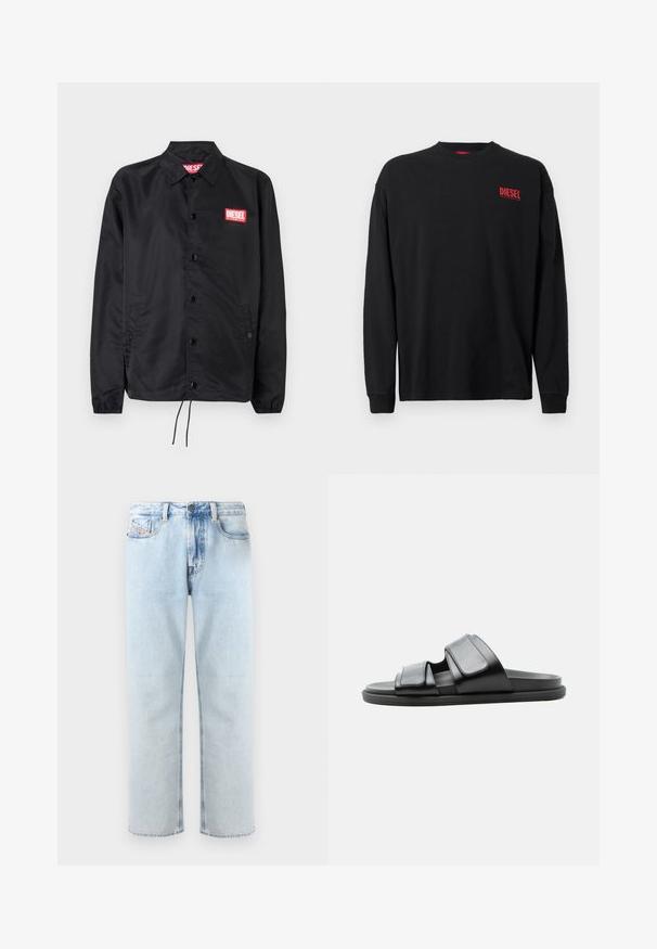 Sort jakke lavet af glat, let materiale, med knaplukning fortil, elastiske manchetter, sidelommer og et rødt Diesel-logo patch.; Sort langærmet T-shirt i bomuld med rund hals. Har en lille rød "DIESEL"-logo på venstre brystområde. Almindelig pasform.; Lysblå denimjeans med lige ben, fem-lomme design og let falmede områder. Har en knaplukning og løkke til et bælte.; Sort slidssandal med to brede justerbare remme og en flad sål, vist fra siden på en lys baggrund.