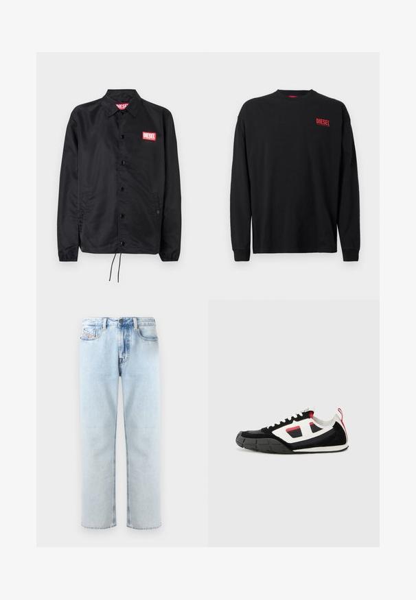Chaqueta negra hecha de un material suave y ligero, con cierre de botones en el frente, puños elásticos, bolsillos laterales y un parche con el logo rojo de Diesel.; Camiseta negra de manga larga en algodón con cuello redondo. Presenta un pequeño logo rojo "DIESEL" en el área del pecho izquierdo. Corte regular.; Jeans de mezclilla azul claro con un diseño de pierna recta, estilo de cinco bolsillos y un ligero desgaste. Cuenta con un cierre de botón y un lazo para cinturón.; Diesel S PAGODHA LOW - Zapatillas - black