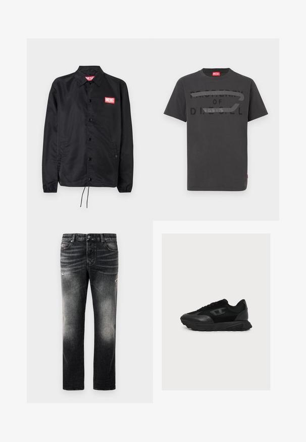 Schwarze Jacke aus glattem, leichtem Material mit Knopfriegel, elastischen Bündchen, seitlichen Taschen und einem roten Diesel-Logo-Patch.; Graues Baumwoll-T-Shirt mit fettem schwarzem Text "PROPERTY OF D.I.E.S.E.L.", glatter Textur und kurzen Ärmeln.; Schwarze Jeans mit einem verblassten Finish und verwaschenen Akzenten, klassisches Fünf-Taschen-Design und Reißverschluss. Hergestellt aus Denim-Stoff.; Schwarzer Sneaker mit niedrigem Schaft, Mesh- und Lederdetails, dicker Sohle und dezentem Logo an der Seite, im Profil vor weißem Hintergrund gezeigt.