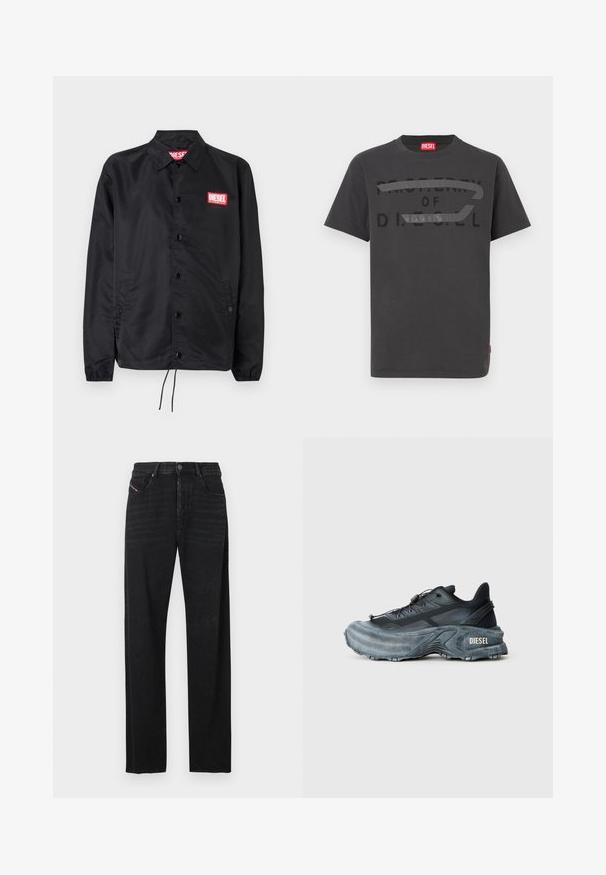 Zwarte jack van soepel, lichtgewicht materiaal, met een knoopsluiting, elastische manchetten, zijzakken en een rood Diesel logo patch.; Grijze katoenen t-shirt met vetgedrukte zwarte tekst "EIGENDOM VAN D.I.E.S.E.L.", met een gladde textuur en korte mouwen.; Zwarte spijkerbroek van denim met een rechte snit, voorzakken en een rood label aan de linkervoorkant. De stof heeft een licht gestructureerde textuur.; Zwarte en grijze Diesel sneakers met dikke zool, vetersluiting en gestructureerd ontwerp op een effen lichtgrijze achtergrond.