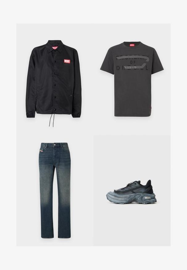 Chaqueta negra hecha de un material suave y ligero, con cierre de botones en el frente, puños elásticos, bolsillos laterales y un parche con el logo rojo de Diesel.; Camiseta de algodón gris con texto negro en negrita que dice "PROPIEDAD DE D.I.E.S.E.L.", textura suave y mangas cortas.; Vaqueros de mezclilla azul de pierna recta con lavado desvanecido, cierre frontal con botón y cremallera, y diseño de cinco bolsillos.; Zapatilla Diesel en negro y gris con suela gruesa, cierre de cordón y diseño texturizado sobre un fondo liso de color gris claro.