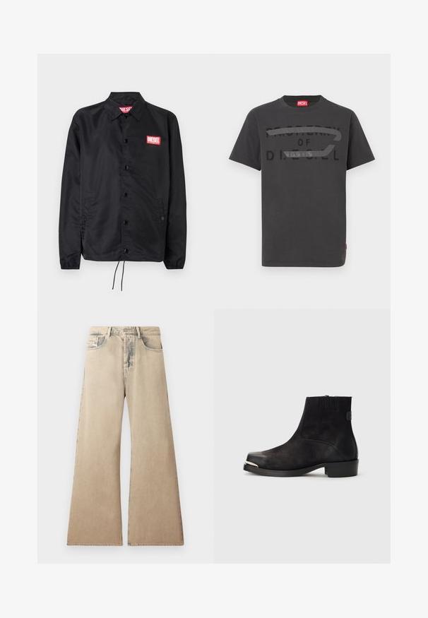 Sort jakke lavet af glat, let materiale, med knaplukning fortil, elastiske manchetter, sidelommer og et rødt Diesel-logo patch.; Grå bomulds-T-shirt med fed sort tekst, der lyder "PROPERTY OF D.I.E.S.E.L.", med en glat tekstur og korte ærmer.; Beige brede jeans med falmet tekstur, fem-lomme design og syet detaljering langs sømmene. Midjebåndet har en traditionel knaplukning.; Sort ankelstøvle med ruskind og lædermaterialer, rund tå, lille hæl, sølvmetallic accent på tåen og elastiske sider.