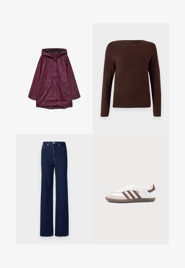 Bordeaux vandtæt parka med hætte, der har knaplukning og to forlommer; lavet af glat, slidstærkt materiale.; Brun strikket sweater med rund hals, lange ærmer og ribbede detaljer ved manchetter og kant. Glat tekstur med minimale udsmykninger.; Mørkeblå denim jeans med høj talje, bred benudskæring og klassisk fem-pocket design. Afsluttet med kontrastsyning og en metalknap.; Hvid Adidas Samba sneaker med brune ruskindstriber, brun gummisål og beige ruskindståhætte, vist fra ydersiden på en ensfarvet baggrund.