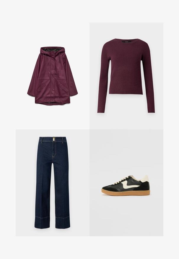 Bordeaux vandtæt parka med hætte, der har knaplukning og to forlommer; lavet af glat, slidstærkt materiale.; Langærmet sweater i mørk burgundy med struktur og ribbet tekstur, rund halsudskæring og tætsiddende design. Let strikket stof.; Mørkeblå højtaljede brede jeans med dobbelte guldknapper og synlig orange syning på en lys baggrund.; Sorte ruskinds- og lædersneakers med en cremefarvet side-swoosh og lys cremefarvet hæl. Har beige snørebånd og en gummirubber-sål.
