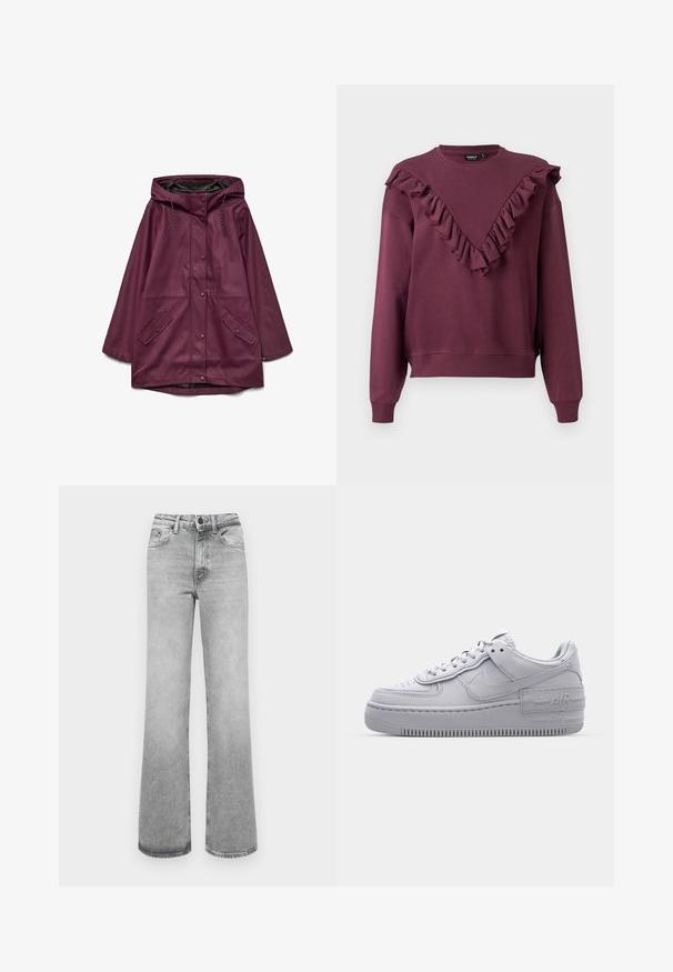 Bordeaux vandtæt parka med hætte, der har knaplukning og to forlommer; lavet af glat, slidstærkt materiale.; Bordeaux sweatshirt med en flæsebesat V-hals, lange ærmer og ribbede manchetter og kant. Fremstillet af blødt stof med en afslappet pasform.; Lyst grå faded lige ben jeans med forlommer, bæltestropper, og en knap- og lynlåslukning.; Grå Nike Air Force 1 sneakers med perforeret tå, glat læderoverdel, tyk sål og præget 'AIR' detalje på hælen.