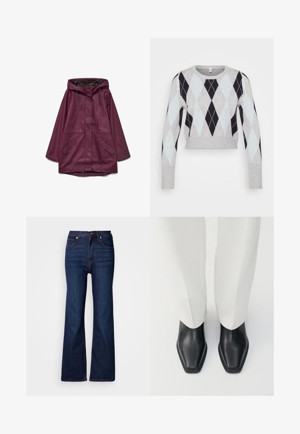 Bordeaux vandtæt parka med hætte, der har knaplukning og to forlommer; lavet af glat, slidstærkt materiale.; Lys grå cropped sweater med et sort og lyseblåt argyle-mønster. Har lange ærmer og en klassisk rund halsudskæring. Blød tekstur.; Vida, mørkeblå denimjeans med fem lommer, knaplukning og kontrastsyningsdetaljer. Glat tekstur med et robust udseende.; Sorte læder ankelstøvler med spids tå og lav stableret hæl, parret med hvide vidde bukser. Glat tekstur, elegant design.