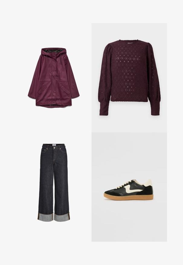 Parka imperméable bordeaux avec capuche, dotée d'une fermeture à boutons-pression et de deux poches avant ; fabriquée en matériau lisse et durable.; Blouse en dentelle sombre violette à manches longues avec épaules bouffantes et poignets ajustés, présentant un motif en diamants et floraux.; Jean large bleu foncé avec ourlets retroussés, cinq poches et surpiqûres contrastantes jaunes.; Baskets en daim et cuir noir avec un swoosh latéral crème et un talon crème clair. Dotées de lacets beige et d'une semelle en caoutchouc gomme.