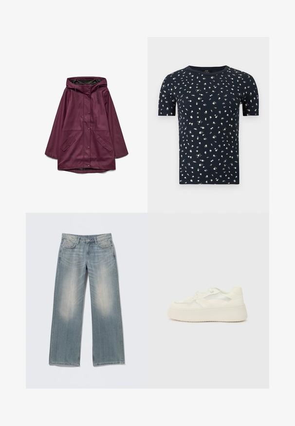 Bordeaux vandtæt parka med hætte, der har knaplukning og to forlommer; lavet af glat, slidstærkt materiale.; Marineblå T-shirt med korte ærmer, lille hvidt blomsterprint og rund halsudskæring på ensfarvet baggrund.; Lyseblå jeans med vide ben og falmet finish, lavet af denim. Har bæltestropper, forlommer og lynlås med knaplukning.; Hvide platform sneakers med en glat læderoverdel, syede detaljer og metalliske sidestænger. Rund tå og flad gummisål.
