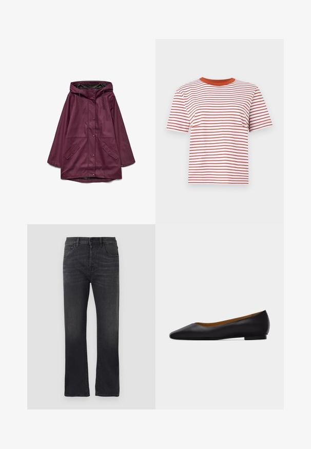 Bordeaux vandtæt parka med hætte, der har knaplukning og to forlommer; lavet af glat, slidstærkt materiale.; Hvid T-shirt med korte ærmer med vandrette rust-orange striber og en solid rust-orange rund halsudskæring.; Sorte denimjeans med lige ben, der har et klassisk fem-lomme design, knaplukning og subtilt slid på stoffet.; Sort læder flad sko med spids tå, lav hæl og glat finish, vist fra siden på en lysegrå baggrund.