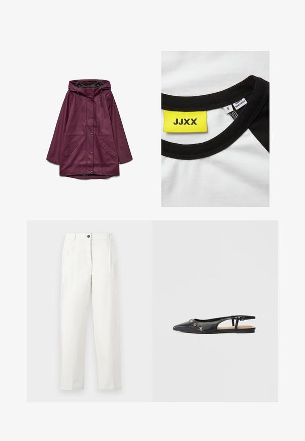 Bordeaux vandtæt parka med hætte, der har knaplukning og to forlommer; lavet af glat, slidstærkt materiale.; JJXX JXGIGI LOGO TEE - T-shirts print - bright white/black; Hvide, højtaljede bukser med skræddersyet pasform, der har folder, lukning med knap foran og lige ben. Fremstillet af glat stof.; Sort læder, spids tå, slingback-flad sko med gyldne dekorative vedhæng på overdelen og en lille spænde-rem ved hælen.