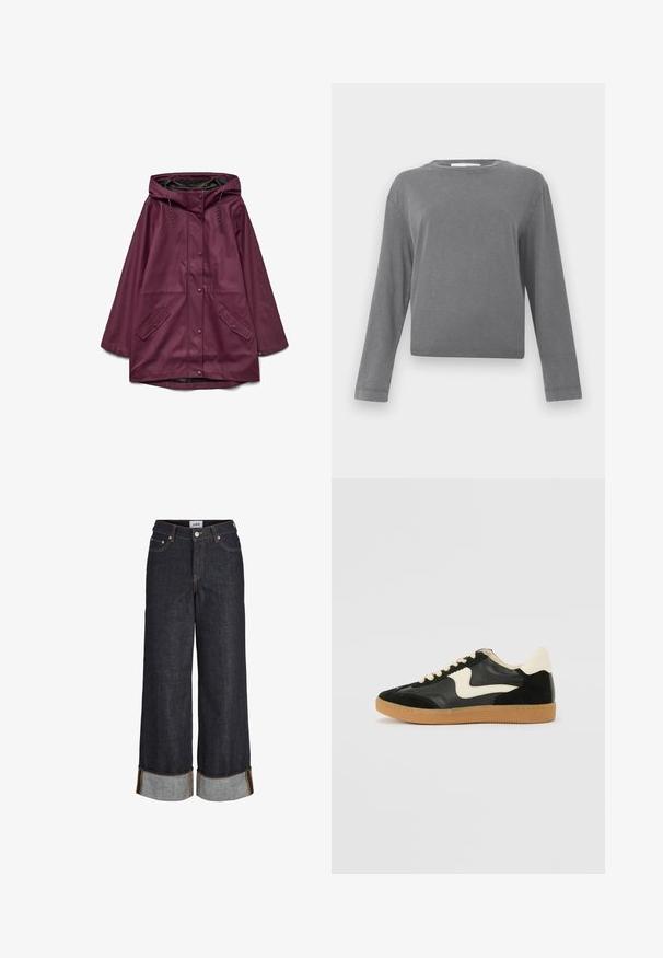 Bordeaux vandtæt parka med hætte, der har knaplukning og to forlommer; lavet af glat, slidstærkt materiale.; Langærmet, ensfarvet grå crewneck skjorte med en let vaskede stoftekstur, vist mod en hvid baggrund.; Mørkeblå jeans med brede ben og opbuk ved kanterne, fem lommer og kontrastfuld gul syning.; Sorte ruskinds- og lædersneakers med en cremefarvet side-swoosh og lys cremefarvet hæl. Har beige snørebånd og en gummirubber-sål.