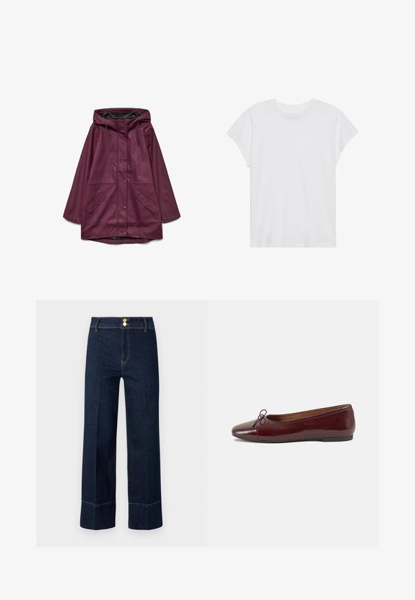 Bordeaux waterdichte parka met een capuchon, voorzien van een drukknoopsluiting en twee voorzakken; gemaakt van soepel, duurzaam materiaal.; Witte t-shirt met korte mouwen, ronde hals, relaxte pasvorm, gemaakt van zacht katoen. Glad textuur, geen patronen of logo's.; Donkerblauwe hoge taille wijde jeans met dubbele gouden knopen en zichtbare oranje stiksels op een lichte achtergrond.; Bordeaux gepatenteerd lederen ballerina met een ronde neus, een klein strikaccent aan de voorkant en een lage, zwarte rubberen zool. Glad textuur.