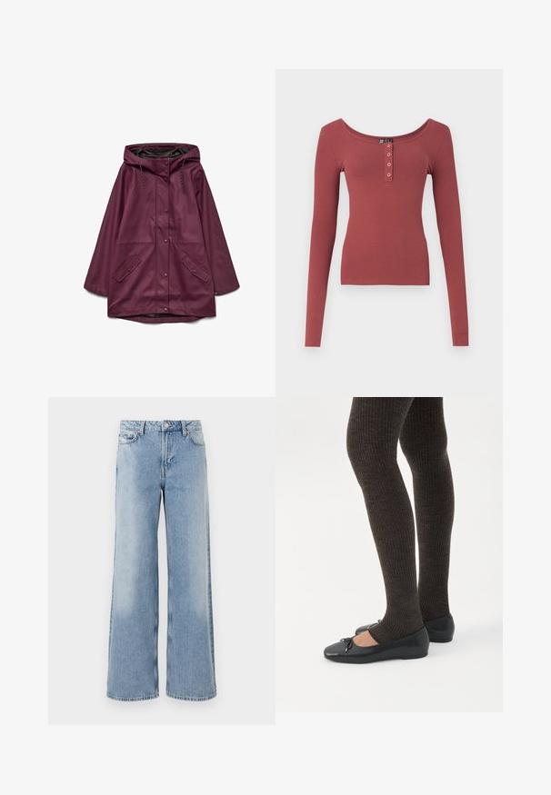 Parka imperméable bordeaux avec capuche, dotée d'une fermeture à boutons-pression et de deux poches avant ; fabriquée en matériau lisse et durable.; Chemise à manches longues côtelée rose poussiéreux avec un col en scoop et quatre boutons-pression en argent sur le patte de boutonnage, présentée à plat sur fond blanc.; Jeans bleu clair à jambe large avec un délavage, cinq poches, fermeture à bouton et ourlets droits. Fabriqués en denim avec une texture lisse.; Jambes portant des leggings côtelés foncés associés à des ballerines noires avec de petits détails en nœud sur fond blanc.