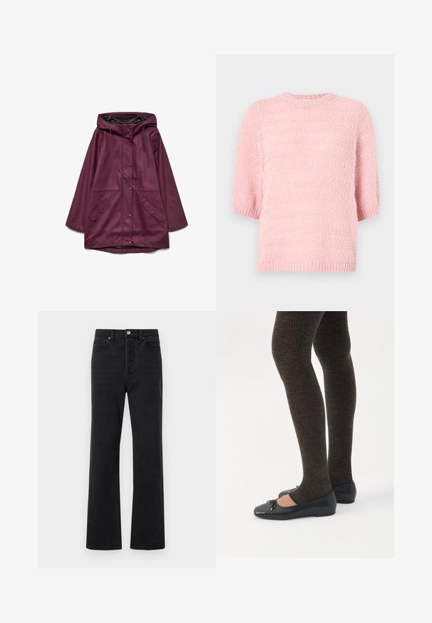 Parka imperméable bordeaux avec capuche, dotée d'une fermeture à boutons-pression et de deux poches avant ; fabriquée en matériau lisse et durable.; Pull à manches courtes et col rond en rose doux. Motif tricoté texturé avec une coupe ample et un ourlet côtelé. Matière légère, design décontracté.; Jeans en denim noir avec une coupe évasée, cinq poches, une fermeture par bouton à l'avant et des détails de couture subtils. Texture douce avec peu d'usure.; Jambes portant des leggings côtelés foncés associés à des ballerines noires avec de petits détails en nœud sur fond blanc.