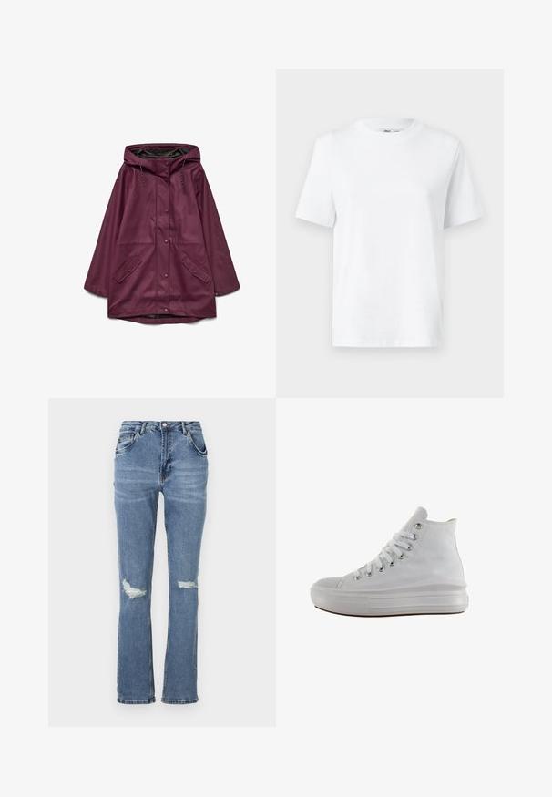 Bordeaux waterdichte parka met een capuchon, voorzien van een drukknoopsluiting en twee voorzakken; gemaakt van soepel, duurzaam materiaal.; Witte katoenen T-shirt met ronde hals, korte mouwen en een gladde textuur. Ontworpen met een comfortabele en veelzijdige relaxte pasvorm.; Hoge taille blauwe spijkerbroek van denim, met een rechte pijp, versleten accenten met kniebesparingen en een subtiele vervaagde textuur.; Witte hoge canvas sneaker met witte veters, metalen oogjes, dikke rubberen zool en gestructureerde neuskap, naar links gericht op een witte achtergrond.
