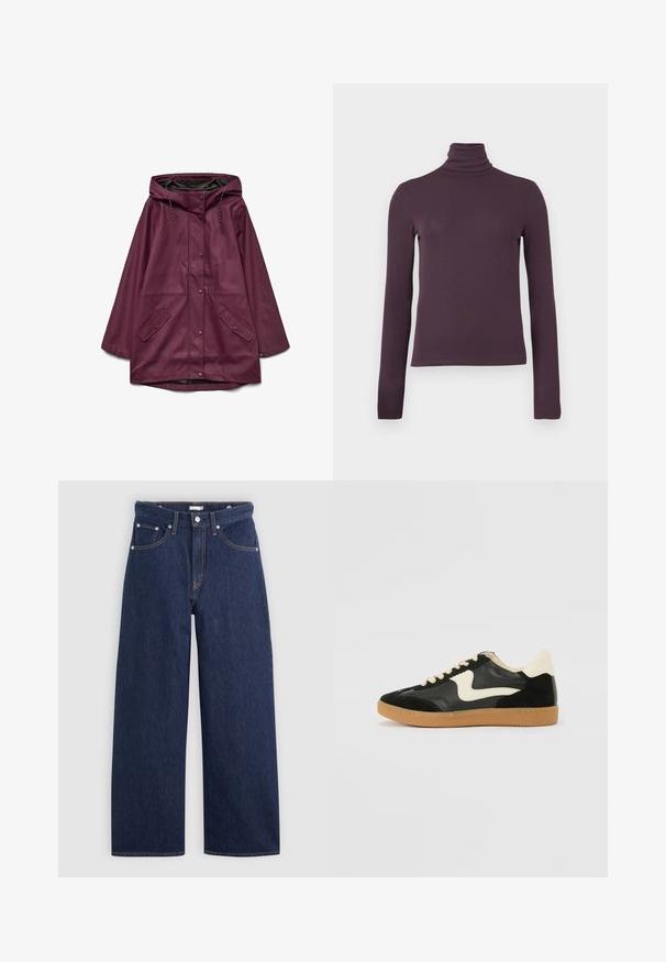 Bordeaux vandtæt parka med hætte, der har knaplukning og to forlommer; lavet af glat, slidstærkt materiale.; Langærmet turtleneck top i dyb lilla, lavet af et glat, tætsiddende stof med ribbet tekstur og en høj krave.; Mørkeblå denim brede ben jeans med høj talje, der har fem lommer, bæltestropper og detaljer med kobber stikninger. Glat tekstur.; Sorte ruskinds- og lædersneakers med en cremefarvet side-swoosh og lys cremefarvet hæl. Har beige snørebånd og en gummirubber-sål.