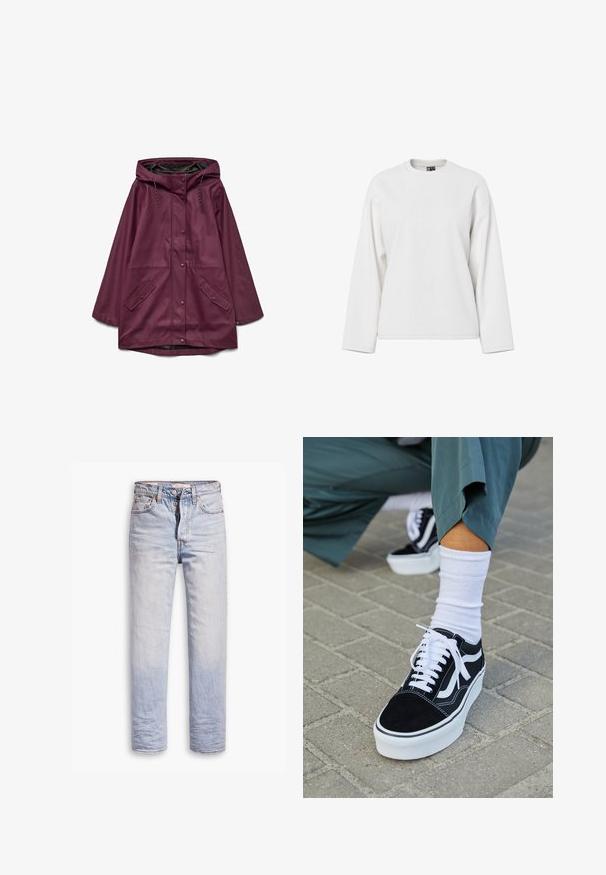 Bordeaux vandtæt parka med hætte, der har knaplukning og to forlommer; lavet af glat, slidstærkt materiale.; Hvid langærmet sweatshirt med rund halsudskæring, afslappet pasform og blød tekstur. Ingen synlige mønstre eller hardware-detaljer.; Lyseblå denimjeans med lige ben, der har en knaplukning, fem lommer og en diskret falmning langs benene.; Sorte ruskinds sneakers med hvide accenter og snørebånd, der har en tyk hvid sål og kontrasterende syninger, parret med en hvid sok.