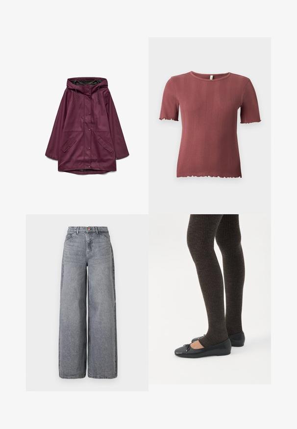 Parka imperméable bordeaux avec capuche, dotée d'une fermeture à boutons-pression et de deux poches avant ; fabriquée en matériau lisse et durable.; Haut à manches courtes en tricot côtelé couleur rose poussiéreux, à col rond et bordure subtile ondulée aux manches et à l'ourlet.; Jean en denim à jambes larges dans un délavé gris, avec cinq poches, une fermeture à bouton et une texture douce avec des détails de whiskering subtils.; Jambes portant des leggings côtelés foncés associés à des ballerines noires avec de petits détails en nœud sur fond blanc.