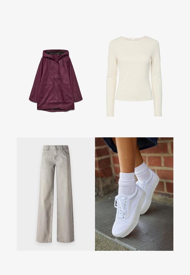 Burgundský nepremokavý parka s kapucňou, so zapínaním na patentky a dvoma prednými vreckami; vyrobený z hladkého, odolného materiálu.; Hladká, dlhá, krémovo sfarbená dámska košeľa s dlhým rukávom a okrúhlym výstrihom, vystavená na bielom pozadí.; Svetlo šedé široké džínsy vyrobené z denimu, s päť pocket dizajnom, predným zapínaním na gombík a mierne vyblednutou textúrou.; Biele plátené tenisky s gumovou podrážkou, s piatimi dierkami na šnúrky, okrúhlou špičkou a svetlými švami, doplnené o biele členkové ponožky.