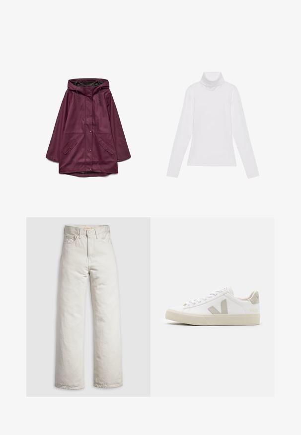 Parka imperméable bordeaux avec capuche, dotée d'une fermeture à boutons-pression et de deux poches avant ; fabriquée en matériau lisse et durable.; Haut à col roulé à manches longues blanc, fabriqué en tissu lisse et extensible. Il présente un col haut et une coupe ajustée, sans motifs ni embellissements visibles.; Jean droit taille haute de couleur blanc cassé avec bouton avant, fermeture éclair et design cinq poches sur fond blanc uni.; Baskets blanches en cuir avec des accents gris en forme de V, semelle en caoutchouc texturé, lacets blancs, et languette et col rembourrés.