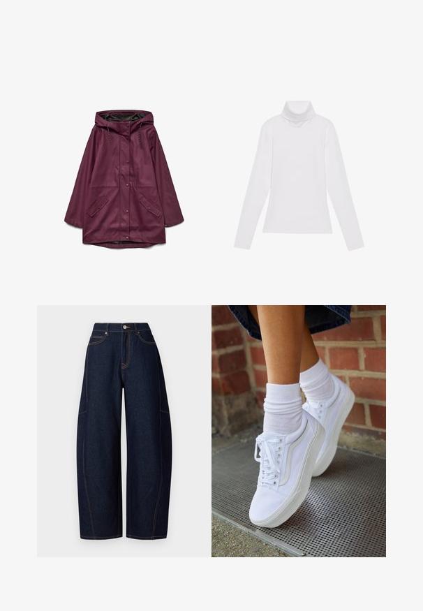Burgundia veekindel parka kapuutsiga, millel on nööbiga sulgemine ja kaks esist pocketit; valmistatud siledast, vastupidavast materjalist.; Valge pikkade varrukate turtleneck-särk, mis on valmistatud siledast ja venivast kangast. Omab kõrget kraed ja keha lähedast lõiget, ilma nähtavate mustrite või kaunistusteta.; Laiad tumedast sinised denim püksid kontrastsete oranžide õmblustega, viie taskuga ning nööbi ja lõhikuga vööosas.; Valged kanvas tennisikud kummitaldadega, kuue silmaga, ümmarguse varbaga ja kergete tikandite detailidega, koos valgete pahkluusokkidega.
