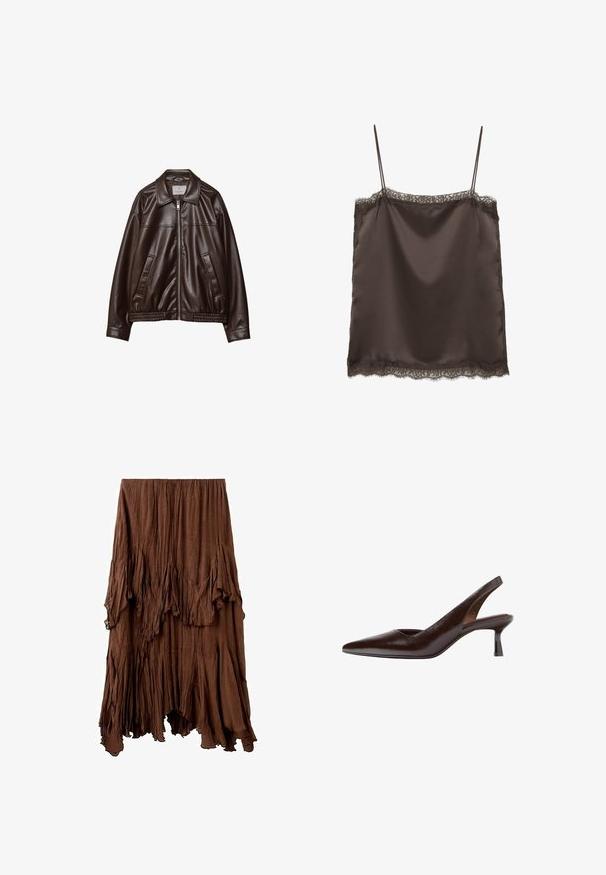 Mørkebrun imitær læderjakke med frontlynlås, krave, to skrå lommer og elastisk kant på hvid baggrund.; Mørkebrunt satin camisole top med tynde stropper og blonder langs halsudskæring og kant mod hvid baggrund.; Brun krøllet nederdel med asymmetrisk kant og lagdelte, draperede stofdetaljer, der skaber et tekstureret, flydende udseende.; Mørkebrun læder slingback kitten hæl sko med spids tå og slank mellemhøj hæl på hvid baggrund.