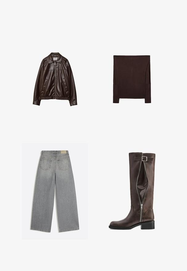 Mørkebrun imitær læderjakke med frontlynlås, krave, to skrå lommer og elastisk kant på hvid baggrund.; Brun langærmet top med løst design, bred hals og overlappende stof. Materialet virker blødt med en glat tekstur.; Grå vidbenede denimjeans der viser bagsiden med to lommer og bæltestropper lagt fladt på hvid baggrund.; Høj mørkebrun læderstøvle med en sidelukning, der er delvist åben, og en dekorativ rem med spænde nær toppen.