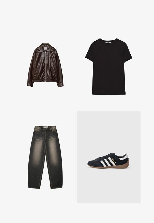 Mørkebrun imitær læderjakke med frontlynlås, krave, to skrå lommer og elastisk kant på hvid baggrund.; Sort kortærmet t-shirt i bomuld med rund halsudskæring, standard pasform og synlig indvendig halsmærkat.; Grå denim bredbenede jeans med let lysning, fem lommer, kontraststing og en afslappet pasform. Ingen synlige mønstre eller udsmykninger.; Sort ruskindssneaker med tre hvide striber, gummisål og et lille gyldent logo på siden. Har en glat sort foring indvendigt.