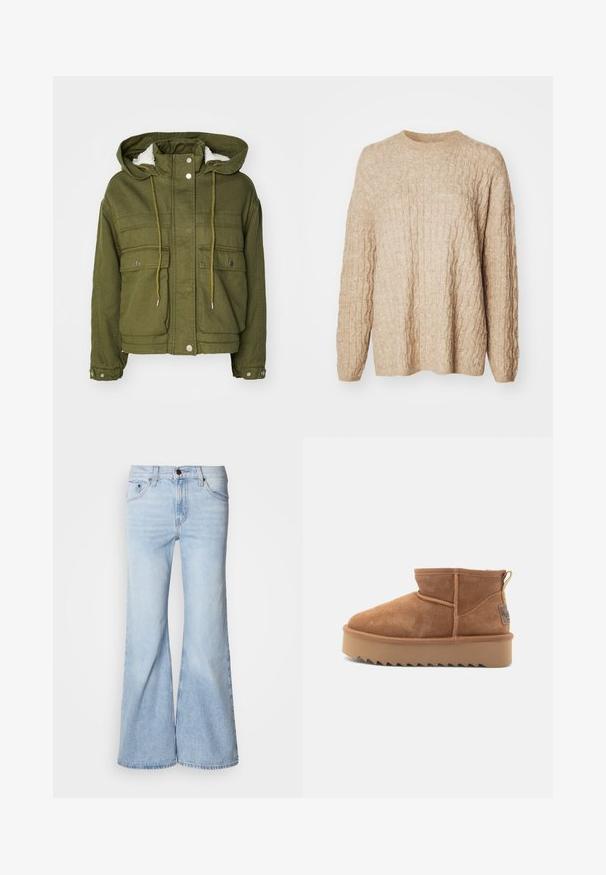 Veste vert olive avec capuche, boutons-pression, deux poches avant et une doublure douce et texturée. Dotée de cordons de serrage au niveau du col et de l'ourlet.; Pull en tricot beige avec un design en câble texturé, encolure ronde et manches longues. Le tissu semble doux et épais.; Jean évasé bleu clair, avec une taille haute, en tissu denim, cinq poches et une fermeture par bouton. Les jambes sont larges et présentent une légère décoloration.; Bottine en suede marron avec un bout rond, dotée d'une semelle en caoutchouc zigzag et d'une languette en boucle à l'arrière pour un enfilage facile.