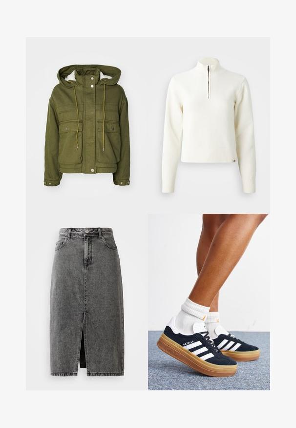 Veste vert olive avec capuche, boutons-pression, deux poches avant et une doublure douce et texturée. Dotée de cordons de serrage au niveau du col et de l'ourlet.; Pull-over blanc à col zippé et manches longues. Fabriqué en matériau tricoté doux, avec des poignets et un ourlet côtelés. Logo de la marque subtil à l'ourlet.; Jupe midi en denim noir délavé, taille haute, avec fente frontale, passants de ceinture et design classique à cinq poches.; Jambes portant des chaussettes blanches et des baskets Adidas Gazelle noires avec des bandes blanches et des semelles épaisses marron sur un sol recouvert de moquette grise.