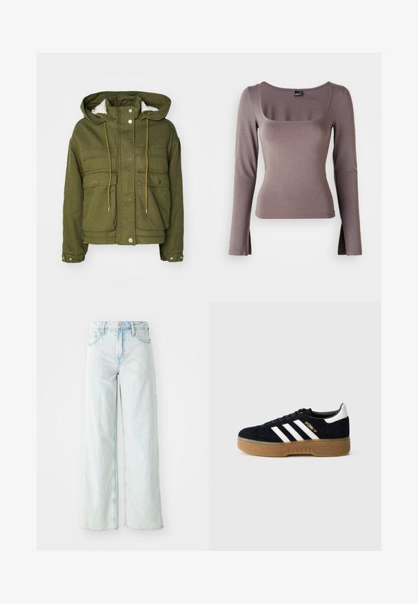 Veste vert olive avec capuche, boutons-pression, deux poches avant et une doublure douce et texturée. Dotée de cordons de serrage au niveau du col et de l'ourlet.; Haut à manches longues en tissu doux marron. Doté d'un décolleté carré et d'un fente sur les côtés à l'ourlet. Texture lisse avec un design ajusté.; Jean en denim de couleur bleu clair, taille haute et jambes larges. Comprend cinq poches et une fermeture à bouton. Texture usée sur les cuisses.; Baskets en daim noir avec trois bandes blanches et logo doré. Semelle en gomme avec adhérence texturée. Design classique à tige basse, bout arrondi.