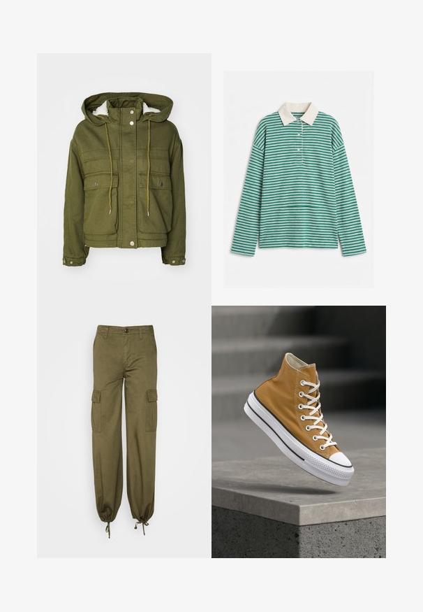 Veste vert olive avec capuche, boutons-pression, deux poches avant et une doublure douce et texturée. Dotée de cordons de serrage au niveau du col et de l'ourlet.; Polo à manches longues rayé horizontal vert et blanc avec col blanc et trois boutons blancs sur la patte de boutonnage avant.; Pantalons cargo en vert olive, fabriqués en tissu coton. Les caractéristiques comprennent des poignets élastiques, deux poches latérales et deux poches cargo sur les cuisses.; Baskets montantes en toile jaune moutarde avec lacets blancs, bout en caoutchouc et semelle blanche texturée à rayures noires.