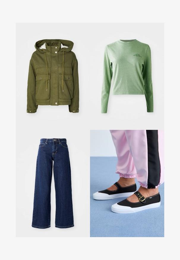 Veste vert olive avec capuche, boutons-pression, deux poches avant et une doublure douce et texturée. Dotée de cordons de serrage au niveau du col et de l'ourlet.; T-shirt à manches longues vert clair en coton doux, avec un col rond et un petit logo imprimé sur le côté supérieur gauche.; Jean ample bleu foncé en denim, doté d'une fermeture à bouton et à zip, de passants de ceinture et d'un design classique à cinq poches.; Baskets noires en toile avec une semelle blanche, présentant un design découpé et une sangle en boucle dorée. Portées avec un pantalon de survêtement rose.