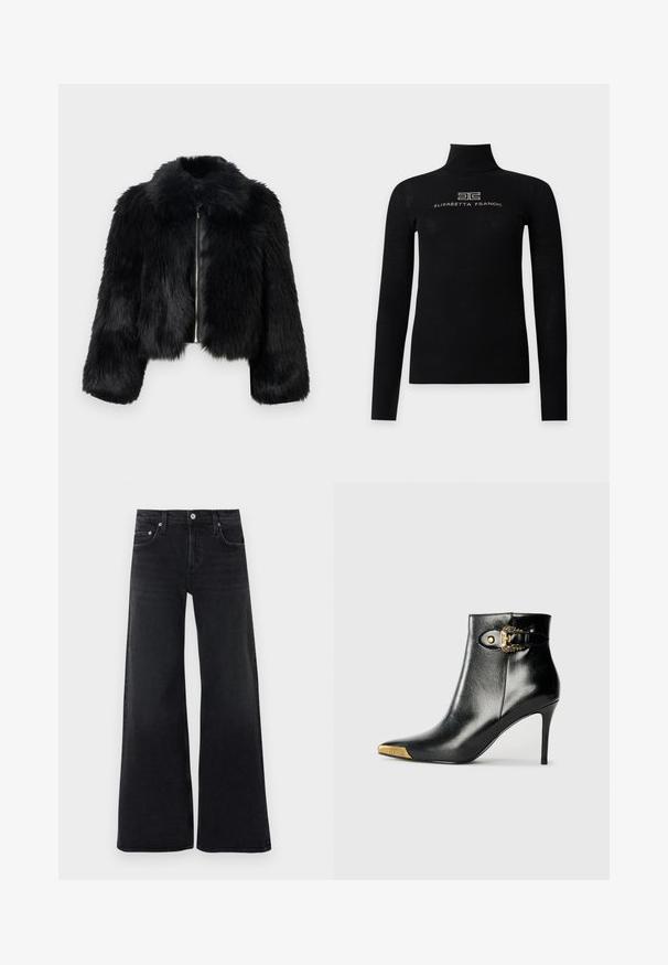 Veste courte en fausse fourrure noire avec une fermeture éclair devant, un col rond et un tissu texturé. Dotée de manches longues et d'un aspect doux.; Pull noir côtelé à manches longues et col roulé avec logo et emblème "Elisabetta Franchi" brodés sur la poitrine.; Jean noir taille haute à jambes larges avec bouton et fermeture éclair à l'avant, passants pour ceinture, et design classique à cinq poches.; Bottine noire en cuir brillant, avec un bout pointu, un talon aiguille, et des accessoires dorés ornés d'une boucle décorative.