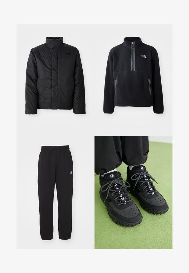 Schwarze isolierte Jacke mit hohem Kragen, ausgestattet mit einem durchgehenden Reißverschluss und einem Logo auf der linken Brust. Das Material wirkt glatt und plüschig.; Schwarzer Fleece-Halbzip-Pullover mit hohem Kragen, ausgestattet mit einer Brusttasche und zwei Seitentaschen. Das Design enthält einen kontrastierenden Reißverschluss.; Schwarze Jogginghose aus weichem Stoff, mit einem elastischen Bund und Kordelzug, Bündchen an den Knöcheln und einem kleinen Logo am Oberschenkel.; Schwarze Sneaker bestehen aus einer Kombination von Leder und Mesh-Materialien, haben eine strukturierte Gummisohle, auffällige Perforationen und gemusterte Schnürsenkel mit numerischen Akzenten.
