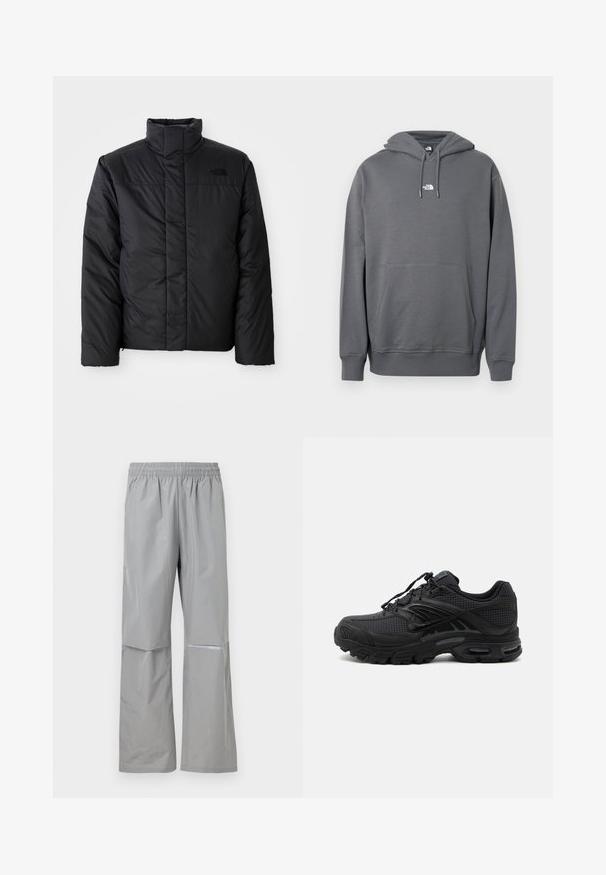 Schwarze isolierte Jacke mit hohem Kragen, ausgestattet mit einem durchgehenden Reißverschluss und einem Logo auf der linken Brust. Das Material wirkt glatt und plüschig.; Grauer Hoodie aus weichem Stoff, mit Kängurutasche, Kapuze mit Kordelzug, gerippten Bündchen und einem kleinen Logo auf der Brust.; Hellgraue wasserdichte Regenhose mit elastischem Bund und reflektierendem Streifen am rechten Bein, für den Außeneinsatz konzipiert.; Schwarzer athletischer Sneaker mit strukturiertem Stoff, dicker gepolsterter Sohle, Luftauslässen und Schnürverschluss, von der Seite auf hellem Hintergrund gezeigt.
