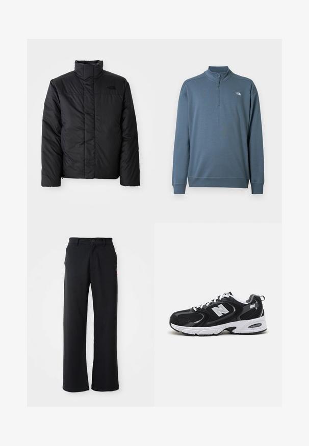 Schwarze isolierte Jacke mit hohem Kragen, ausgestattet mit einem durchgehenden Reißverschluss und einem Logo auf der linken Brust. Das Material wirkt glatt und plüschig.; Blauer Langarm-Quarter-Zip-Pullover mit Stehkragen und kleinem weißen The North Face-Logo auf der linken Brust.; Schwarze gerade geschnittene Hose mit Knopf- und Reißverschluss, Gürtelschlaufen und seitlichen Taschen, vor einem weißen Hintergrund präsentiert.; Schwarze und graue Sportschuhe mit Obermaterial aus Mesh und Wildleder, ausgestattet mit einer weißen Zwischensohle, Schnürsenkeln und einem markanten "N"-Logo an der Seite.